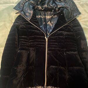 Karl Lagerfeld Women's Dark Navy Velvet Puffer Down Coat